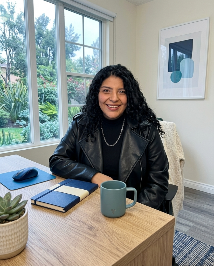 Carylis Palacios In Home Office Sitting At Desk With Mug And Moodboard